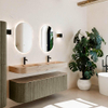 MONDIAZ THOR-DLUX 150cm meuble de salle de bains arrondi gauche + droite couleur Shadow avec 1 tiroir et 2 portes. Vasque suspendue CLOUD Double 2 trous de robinet couleur Arena. SW1464737