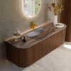 MONDIAZ KURVE-DLUX 140cm badmeubel ronding Links + Rechts kleur Walnut met 1 lade en 2 deuren. Wastafel BIG SMALL Midden 1 kraangat Sombra. SW1433661