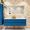 Mondiaz Vica ensemble de meuble de salle de bain - 160cm - meuble sous-vasque jeans - 4 tiroirs - lavabo moon droite - 1 trou de robinet - couleur talc - miroir LED - version XL 60cm de haut SW1092197