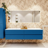 Mondiaz Vica ensemble de meuble de salle de bain - 190cm - meuble sous-vasque jeans - 4 tiroirs - lavabo moon gauche - 1 trou de robinet - version haute de 60cm - talc SW1081642