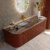 MONDIAZ KURVE-DLUX Meuble de salle de bains 140cm arrondi Gauche + Droite couleur Ruby avec 1 tiroir et 2 portes. Lavabo BIG SMALL Milieu 1 trou de robinet Sombra. SW1433952