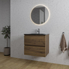 Adema Chaci Ensemble de meuble - 60x46x57cm - 1 vasque en céramique noire - 1 trou de robinet - 2 tiroirs - miroir rond avec éclairage - Noyer SW816216