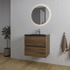 Saniclass Chaci Ensemble meuble de salle de bains - 60x46x55cm - lavabo céramique noir - 1 vasque - 1 trou de robinet - 2 tiroirs - miroir rond avec éclairage - noyer (bois) SW816216