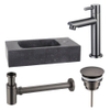 FortiFura Fuente Pack Lave-mains - 40x22x9cm - 1 trou de robinet - pierre naturelle - robinet gunmetal - Noir SW1111554