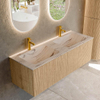 MONDIAZ KURVE-DLUX Meuble de salle de bains 130 cm couleur Oak avec 2 tiroirs et 0 portes. Lavabo LEAF Double 2 trous de robinet Nata. SW1432131