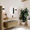 MONDIAZ THOR-DLUX 130cm meuble de salle de bains arrondi gauche + droite couleur Dusk avec 1 tiroir et 2 portes. Vasque suspendue CLOUD Droite 1 trou de robinet couleur Arena. SW1463803