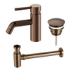 Fortifura Calvi Wastafelkraanset - lage wastafelkraan - always open plug - verlaagde design - sifon - PVD - geborsteld koper SW1079952