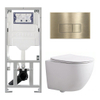 Pack WC QeramiQ Dely Swirl Compact - réservoir encastrable Geberit UP320 - avec bâti-support Burda - abattant slim - plaque de commande en plastique laiton brossé (or) - boutons rectangulaires - blanc mat SW1595644