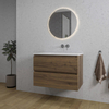 Adema Chaci Ensemble de meuble salle de bain - 80x46x55cm - 1 lavabo en céramique blanc - sans trous de robinet - 2 tiroirs - miroir rond avec éclairage - noyer (bois) SW816267