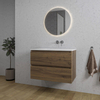 Adema Chaci Meuble salle de bain - 80x46x55cm - 1 vasque en céramique blanche- sans trou de robinet - 2 tiroirs - miroir rond avec éclairage - Noyer SW816267
