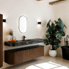 MONDIAZ THOR-DLUX 170cm meuble de salle de bains arrondi gauche + droite couleur Walnut avec 1 tiroir et 2 portes. Vasque suspendue CLOUD Milieu 1 trou de robinet couleur Lava. SW1465574
