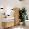 MONDIAZ THOR Meuble de salle de bains 100cm arrondi gauche + droite couleur Oak avec 1 tiroir et 2 portes. Vasque suspendue CLOUD Droite sans trou de robinet couleur Talc. SW1467290