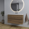 Adema Chaci Meuble salle de bain - 100x46x57cm - 1 vasque en céramique blanche - sans trou de robinet - 2 tiroirs - miroir rond avec éclairage - Noyer SW816287