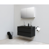 Basic Bella Meuble salle de bains avec lavabo acrylique Noir avec armoire toilette 2 portes gris 100x55x46cm 2 trous de robinet Noir mat SW491917
