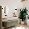 MONDIAZ THOR-DLUX 150cm meuble de salle de bains arrondi gauche + droite couleur Shadow avec 1 tiroir et 2 portes. Vasque suspendue CLOUD Gauche sans trou de robinet couleur Glace. SW1464686