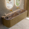 MONDIAZ KURVE-DLUX meuble de salle de bains 145cm arrondi gauche couleur Dusk avec 1 tiroir et 1 porte. Lavabo LEAF double / droit sans trou de robinet Oza. SW1433011