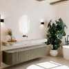 MONDIAZ THOR-DLUX 200cm meuble de salle de bains arrondi gauche + droite couleur Shadow avec 2 tiroirs et 2 portes. Vasque suspendue CLOUD Milieu sans trou de robinet couleur Glace. SW1467034