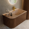 MONDIAZ KURVE-DLUX Meuble de salle de bains 85 cm arrondi à gauche couleur Walnut avec 1 tiroir et 1 porte. Lavabo CLOUD à droite 1 trou de robinet Arena. SW1431174