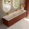 MONDIAZ KURVE-DLUX 175cm meuble de salle de bains avec arrondi à droite couleur Ruby avec 2 tiroirs et 1 porte. Lavabo STOR SMALL Double / Gauche 2 trous de robinetterie Meli. SW1432024