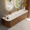 MONDIAZ KURVE-DLUX 170cm Meuble salle de bain avec module 25 G et D - couleur Walnut - 1 tiroir - 2 portes - vasque LEAF double - 2 trous de robinet - couleur Ostra SW1137858