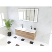 HR Matrix ensemble meuble de salle de bain 3d 120cm 1 tiroir sans poignée avec bandeau de poignée couleur chêne français avec vasque fine double 2 robinets blanc mat SW857121