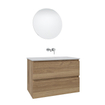 Adema Chaci Meuble salle de bain - 80x46x55cm - 1 vasque en céramique blanche- sans trou de robinet - 2 tiroirs - miroir rond avec éclairage - cannelle SW816266