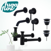 FugaFlow Eccelente Sobrado Slim Kit robinet lavabo - pour double vasque - robinet rehaussé - bonde non-obturable - siphon design bas - Noir mat SW1124386