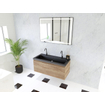 HR Matrix ensemble meuble de salle de bain 3d 100cm 1 tiroir sans poignée avec bandeau en coloris chêne français avec vasque djazz 2 trous de robinetterie noir mat SW857071