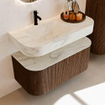 MONDIAZ THOR-DLUX 100cm badmeubel ronding links + rechts kleur Walnut met 1 lade en 2 deuren. Vrijhangende wastafel CLOUD Links 1 kraangat kleur Ostra. SW1467385
