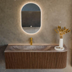 MONDIAZ KURVE-DLUX meuble de salle de bains 135cm arrondi droit couleur noyer avec 1 tiroir et 1 porte. Lavabo BIG MEDIUM gauche 1 trou de robinet Oza. SW1432449