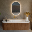 MONDIAZ KURVE 140cm Meuble salle de bain avec module 25 G et D - couleur Walnut - 1 tiroir - 2 portes - vasque BIG SMALL centre - sans trous de robinet - Talc SW1138290