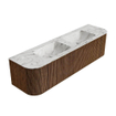 MONDIAZ KURVE-DLUX 170cm Meuble salle de bain avec module 25 G et D - couleur Walnut - 1 tiroir - 2 portes - vasque LEAF double - sans trou de robinet - couleur Glace SW1138056