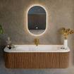 MONDIAZ KURVE 150cm Meuble salle de bain avec module 25 G et D - couleur Walnut - 1 tiroir - 2 portes - vasque BIG MEDIUM centre - 1 trou de robinet - Talc SW1138271