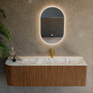 MONDIAZ KURVE-DLUX 145cm Meuble salle de bain avec module 25 G - couleur Walnut - 1 tiroir - 1 porte - vasque BIG LARGE droite - 1 trou de robinet - couleur Glace SW1138081