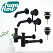 FugaFlow Eccelente Sobrado Slim Kit robinet lavabo - pour double vasque - robinet rehaussé - bonde clic clac - siphon design bas - Noir mat SW1124415