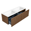 MONDIAZ KURVE 130cm Meuble salle de bain - couleur Walnut - 2 tiroirs - vasque CLOUD double - 2 trous de robinet - Talc SW1138307