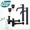 FugaFlow Eccelente Sobrado Slim Kit robinet lavabo - pour double vasque - robinet rehaussé - bonde non-obturable - siphon design bas - Noir mat SW1124417