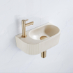 QeramiQ Fuente Ensemble de Lavabo - 40x21.5x12cm - gauche - strié - demi-rond - 1 trou de robinet - céramique - robinet de lavabo en laiton brossé - bouchon de vidange - siphon abaissé - beige SW1233028