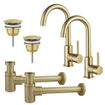 Fortifura Calvi Kit robinet lavabo - pour double vasque - robinet haut - bec rotatif - bonde non-obturable - siphon design bas - Laiton brossé PVD SW892007