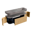 MONDIAZ THOR-DLUX 140cm badmeubel ronding links + rechts kleur Oak met 1 lade en 2 deuren. Vrijhangende wastafel CLOUD Rechts zonder kraangat kleur Oza. SW1464269