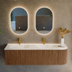 MONDIAZ KURVE-DLUX 155cm Meuble salle de bain avec module 25 D - couleur Walnut - 2 tiroirs - 1 porte - vasque LEAF double / gauche - 2 trous de robinet - couleur Ostra SW1137884