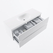 MONDIAZ VICA meuble sous lavabo 120cm Talc 2 tiroirs. Lavabo MOON central sans trou de robinet, couleur Talc. SW1381921