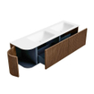 MONDIAZ KURVE 155cm Meuble salle de bain avec module 25 G - couleur Walnut - 2 tiroirs - 1 porte - vasque CLOUD double / droite - sans trous de robinet - Talc SW1138369