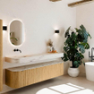MONDIAZ THOR-DLUX 190cm meuble de salle de bains arrondi gauche + droite couleur Oak avec 2 tiroirs et 2 portes. Vasque suspendue CLOUD Gauche sans trou de robinet couleur Nata. SW1466762