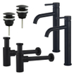 Fortifura Calvi Kit robinet lavabo - pour double vasque - robinet rehaussé - bonde clic clac - siphon design - Noir mat SW915325