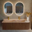 MONDIAZ KURVE-DLUX 145cm meuble de salle de bains arrondi droit couleur noyer avec 1 tiroir et 1 porte. Lavabo LEAF Double / Gauche 2 trous de robinet Arena. SW1431244