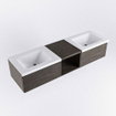 Mondiaz BUKLA Ensemble de meuble salle de bain - 160x45x34cm - 0 trous de robinet - 2 lavabos solid surface - Talc - sans poignée - 2 tiroirs - Mélamine - Marron foncé SW705082