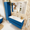 Mondiaz VICA ensemble de meuble de salle de bain - 110cm - meuble sous-vasque jeans - 2 tiroirs - lavabo moon milieu - 1 trou de robinet - version haute de 60cm - talc SW1081477