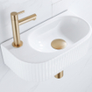 QeramiQ Fuente Ensemble de lavabo - 40x21.5x12cm - gauche - nervuré - demi-rond - 1 trou de robinet - céramique - robinet de lave-mains en laiton brossé - bonde - siphon abaissé - blanc brillant SW1233022