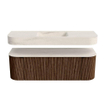 MONDIAZ THOR-DLUX 140cm badmeubel ronding links + rechts kleur Walnut met 1 lade en 2 deuren. Vrijhangende wastafel CLOUD Midden 1 kraangat kleur Meli. SW1464413